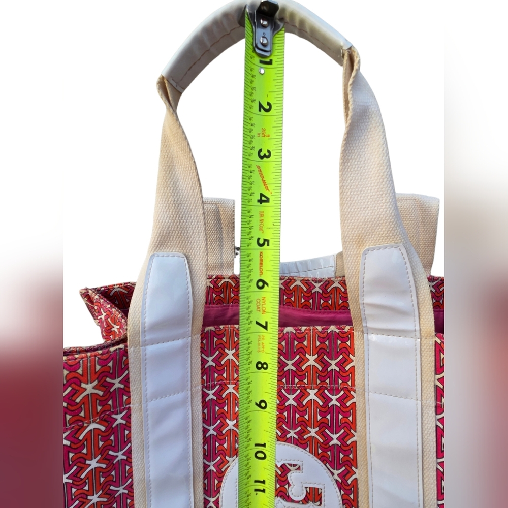 Tory Burch - Large Ella Printed Tote Bag Pink Orange Logo Nylon Patent Trim - Picture 15 of 15